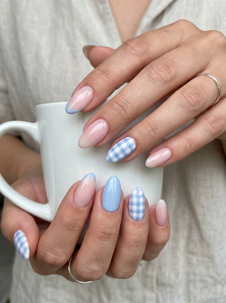 Blue Gingham Nails